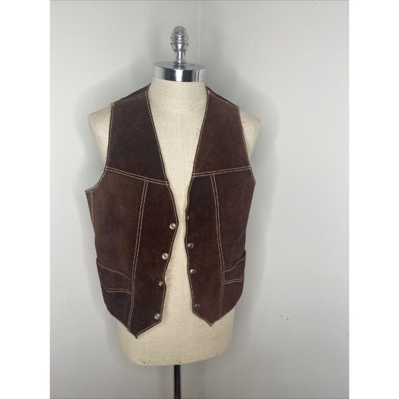 Vintage Genuine Leather Suede Vest Sherpa Lining Men's 40 Snap Front Dark Brown - Picture 4 of 7